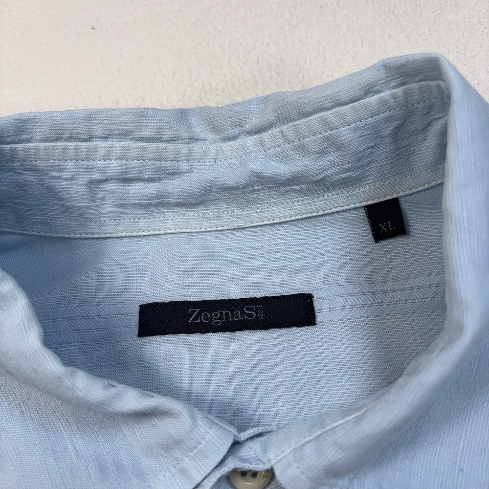 Zegna Sport Linen-Cotton Shirt Men XL Blue Stripe Pocket Made in Italy Button Up - Picture 3 of 16